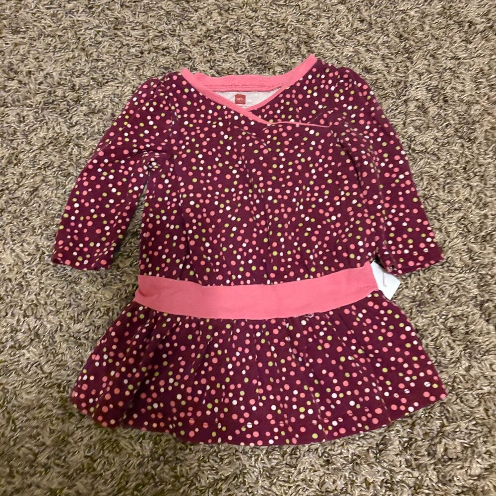 Tea Collection Polka Dot Dress 6-12 Months Maroon Long Sleeve Drop Waist Cotton